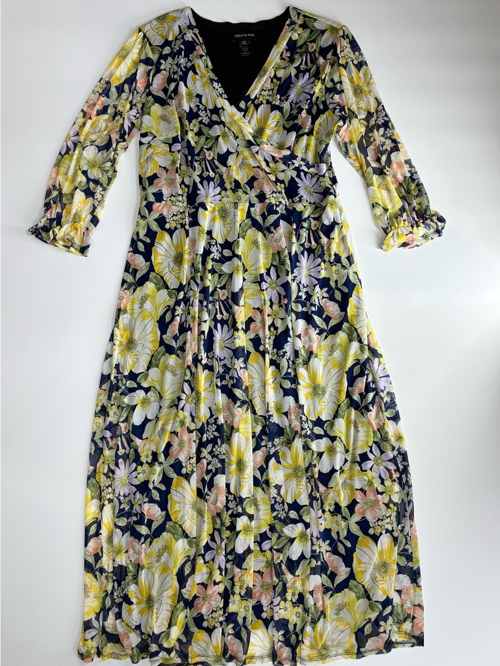 Floral Wrap Maxi Dress - Navy with Yellow & Pink